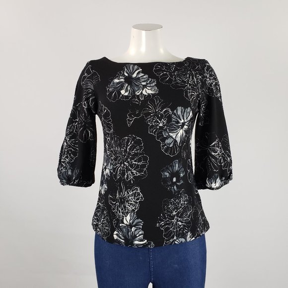 Alton Gray Black Flower Print Top Size S